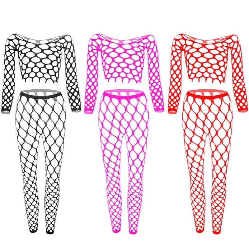

High Elasticity Fishnet Lingerie Women Sexy Transparent Bodystockings Long SleeveTops With High Waist Pants Summer Bikini Set