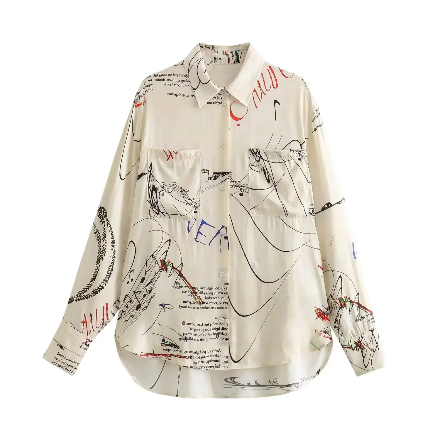 

Women New Fashion Letter print decoration Loose Asymmetric Satin Blouses Vintage Long Sleeve Button-up Female Shirts Chic Tops