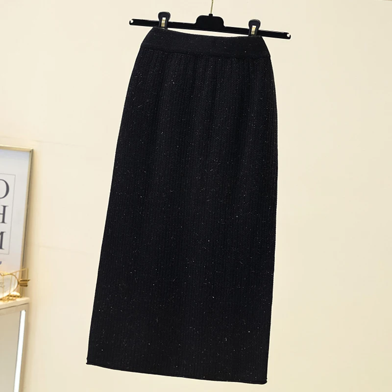 white pleated skirt Rimocy Autumn Winter Knit Pencil Skirt Women 2021 Casual Sequins Elastic High Waist Skirts Woman Elegant Split Midi Skirt Ladies denim skirt Skirts