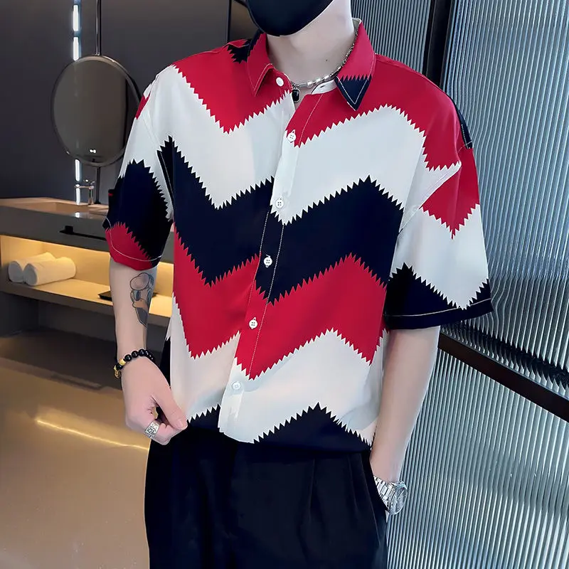2023 Men\'s Clothing New Spring Summer Man Printing Short Sleeve Loose Handsome Turn-down Collar Fashion Casual Streetwear Shirts