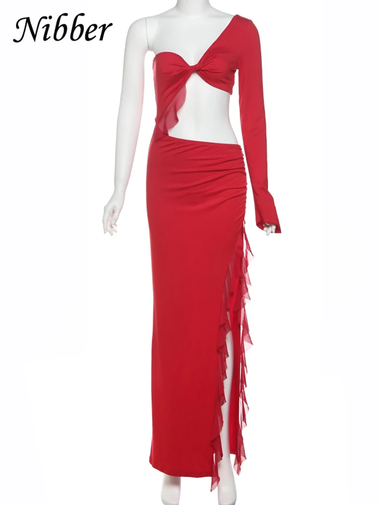 Nibber Ruffles Women Irregular Dress Hollow Side Split Inclined Shoulder Full Sleeve Knot Low-Neck Midnight Coquette Vestidos