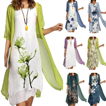 2025 new! Eu-us Summer Women's casual elegance 2 printed crew-neck loose dress sweater coat set 1