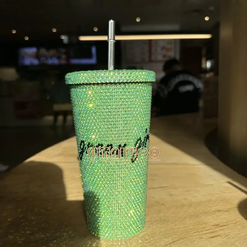Kristall Bling Bling Stroh Tasse DIY individuelle Worte grün Edelstahl Vakuum Diamant Malerei Strass Mädchen Geburtstagsgeschenk – Detail 2