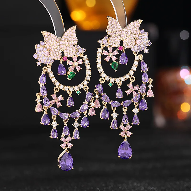 

1pair Colorful CZ Butterfly Earring Water DropTassel Earrings Exquisite Earrings Drop Fashion Jewelry for Woman Gift