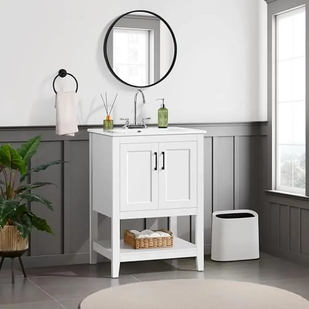 Modern 24" Bathroom Vanity Cabinet with Ceramic Basin and Soft-Close Doors White Wood High Load Capacity Wide Countertop Free of