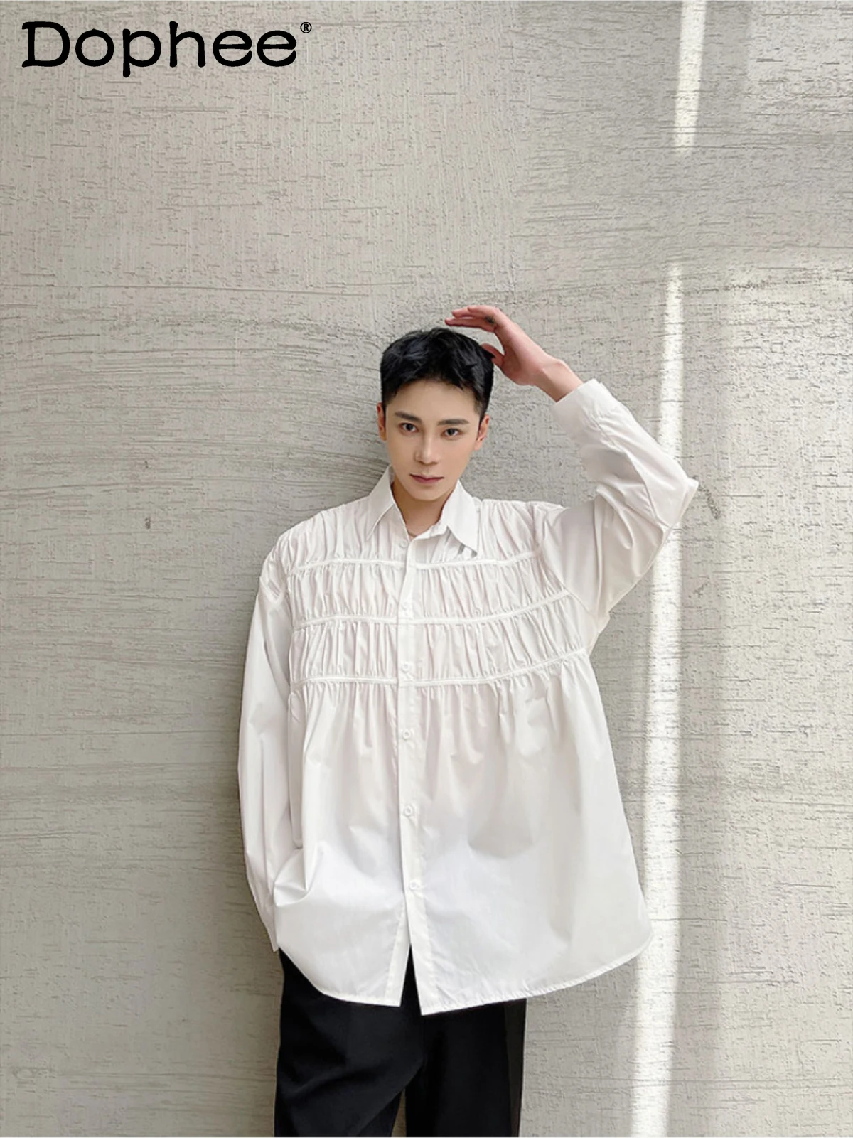 Fashion Pleated Shirt Men's Long Sleeve Early Spring 2024 New All-Matching Trendy Male Loose Comfortable Long Sleeve Tops fashion casual style tops incerun mens solid pleated design thin shirts male chiffon micro transparent long sleeved blouse s 5xl