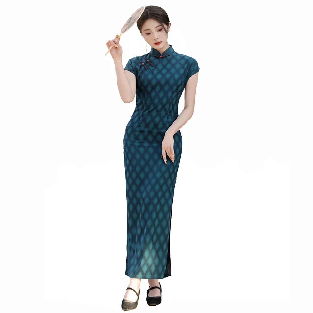 

Chinese Style Qipao Dress Women Plus Size Cheongsam Vintage Classic Traditional Chinese Clothing Dress Plaid Long Vestidos S-3XL