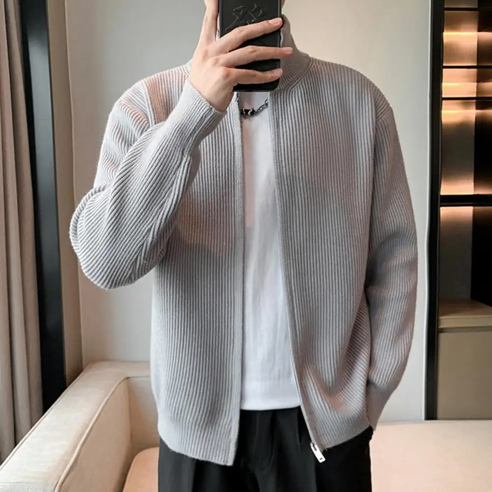 Men Cardigan Solid Color Knitted Jacket Stylish Men's Zipper Closure Sweater Coat with Stand Collar Elastic Knit Outerwear