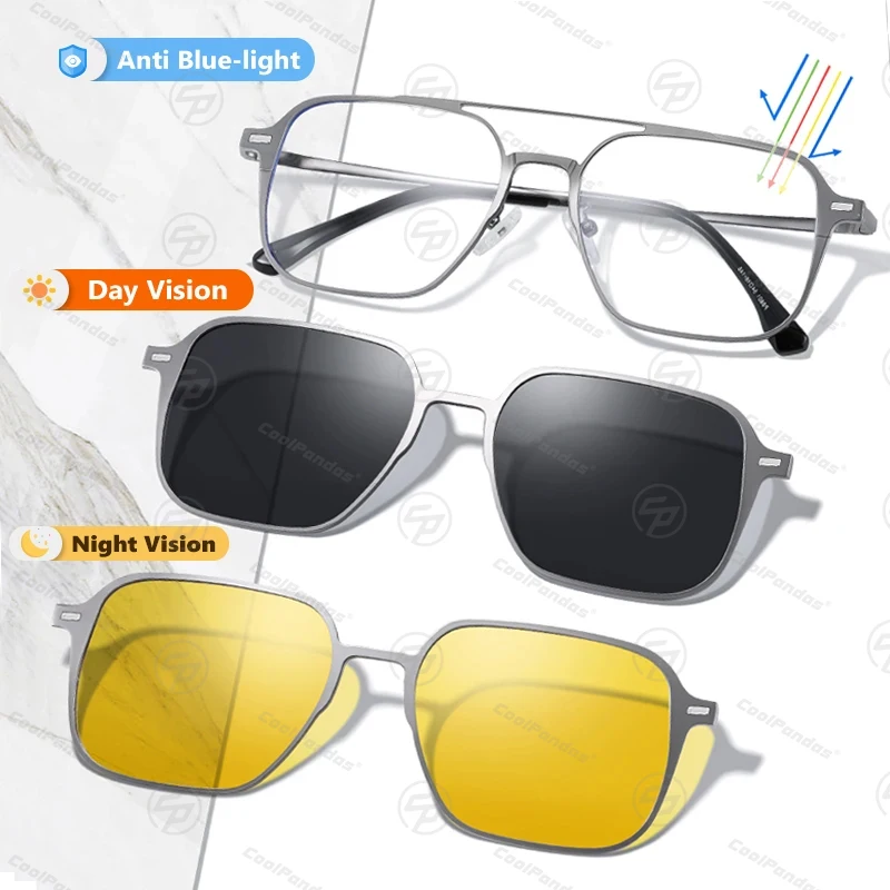 AUSQUQI 3-in-1 Magnetic Clip-On Sunglasses - Night Vision + Polarized + UV400 For Driving, Cycling, Outdoor