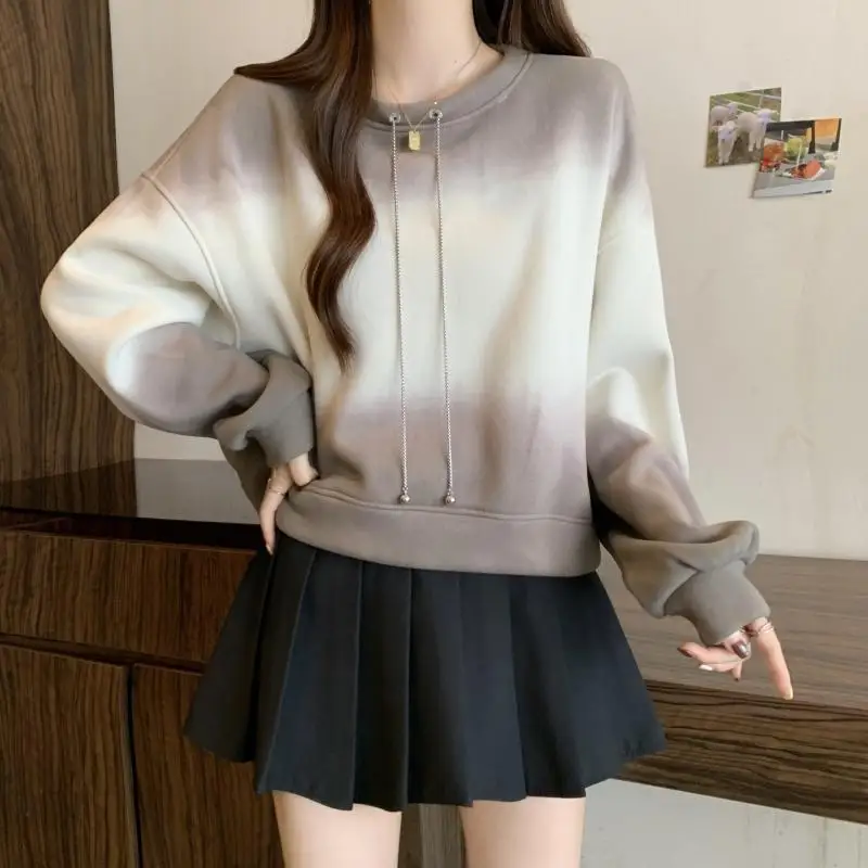 Women's Autumn Winter Fashionable Elegant Round Neck Long Sleeved Pullover Hoodie Casual Versatile Western-style Commuting Tops