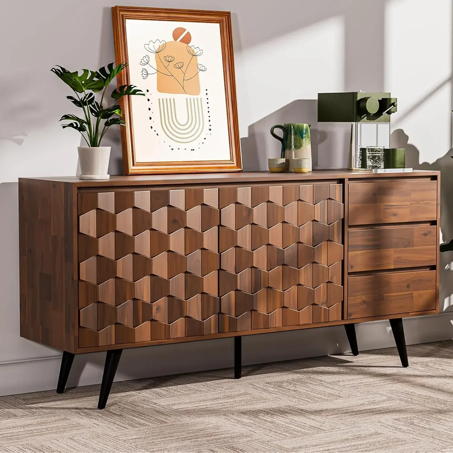 Sideboard Georgina Solid Wood 2 Doors & 3 Drawers, Cabinet with Geometric Pattern for Kitchen, Dining, Living Room