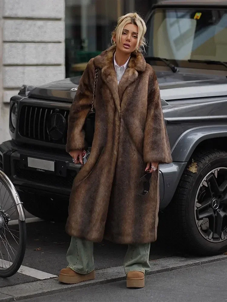 Women's Dark Brown Faux Fur Long Overcoat Single Breasted Fleece Long Trench Coat Winter Fluffy Plush Warm New Thicken Outerwear 3
