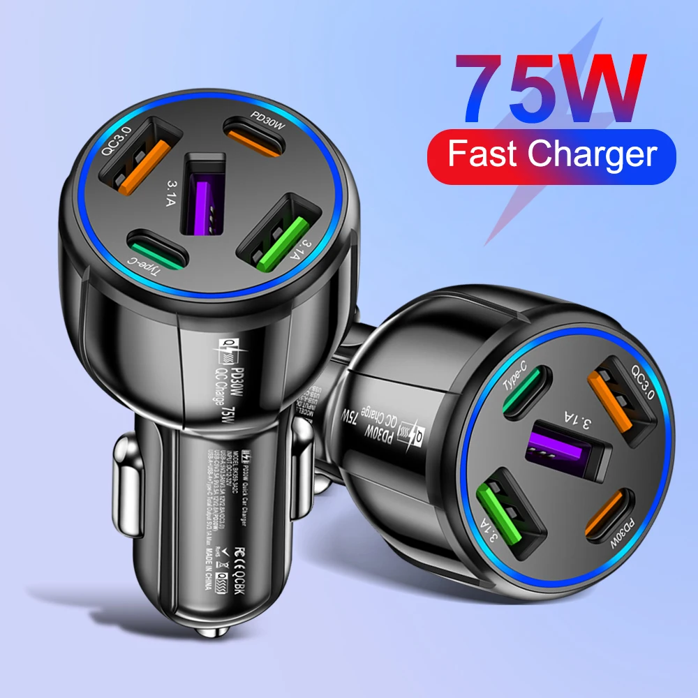 75W Car Charger Multiple 4 Fast Quick Charging Ports Type C USB PD Mobile Phone Adapter in Car for iPhone Xiaomi Huawei Samsung