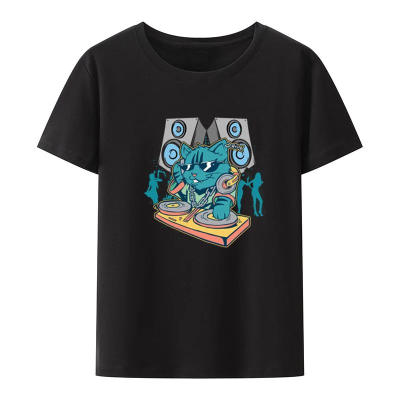 

Cat DJ Cotton T-shirts Funny Disc Jockey Style Tees Pattern Breathable Hipster Print Novelty Graphic Tshirts for Men Short-sleev