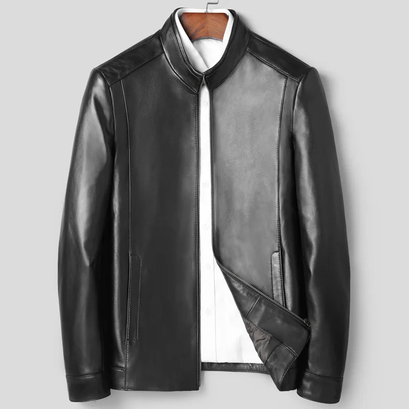 

New leather jacket men's sheepskin real leather jacket men's thin short stand collar locomotive motor single leather jacket
