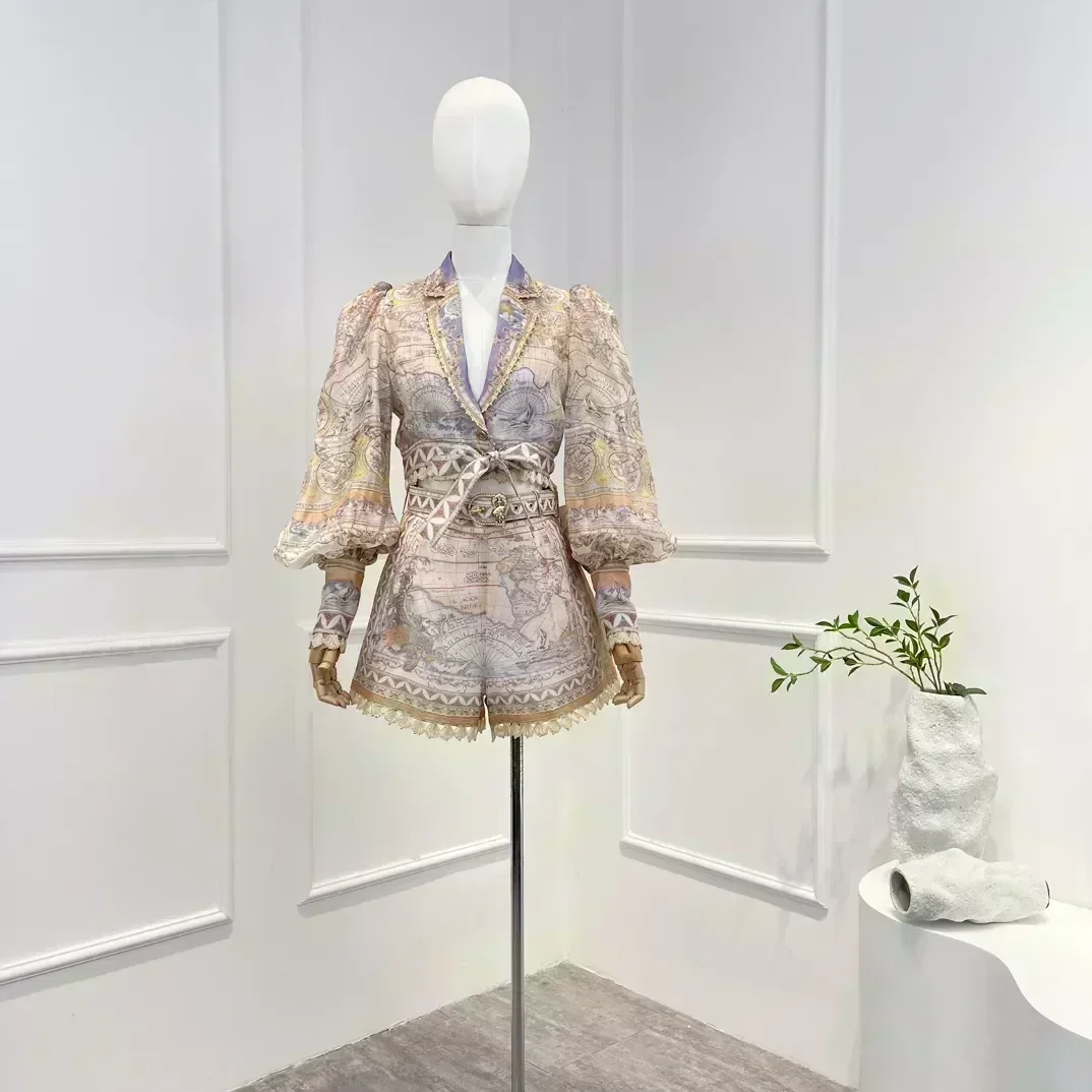 

2023 New Linen Silk Vintage Long Lantern Sleeve Buttons Map Printing Turn-down Collar Blouse and Shorts Woman Casual Set
