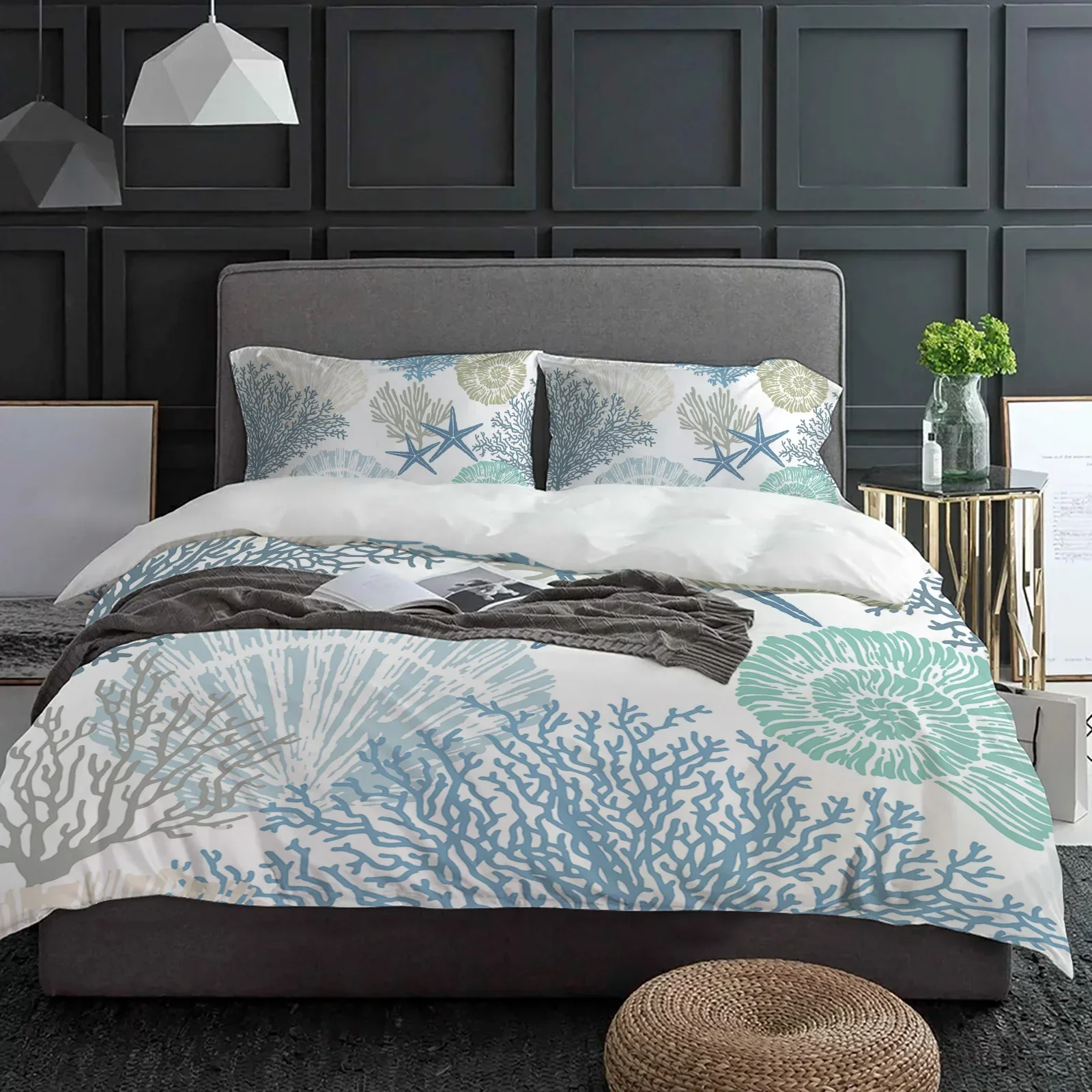Blue Marine Coral Shells Starfish Duvet Cover with Pillow Case Custom 3pcs Bedding Set Quilt Cover Double Bed Home Textile 2