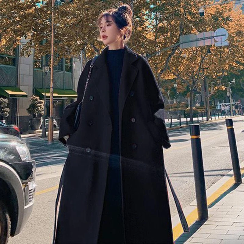 Oversized Korean Woolen Coat Women Solid Colors Lace Up Long Jacket French Style Elegant Fall Winter Thick Midi-Length Overcoat