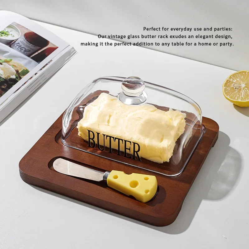 Wooden Butter Plate Glass Cover Cheese Box Butter Cheese Dim Sum Plate Cake Table Display Rack