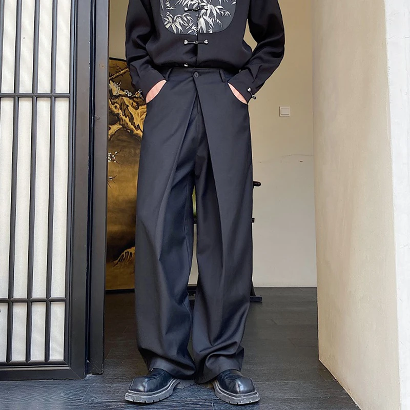 Wide leg pants Men's Baggy Casual Pants Autumn Pleated Double Waistband