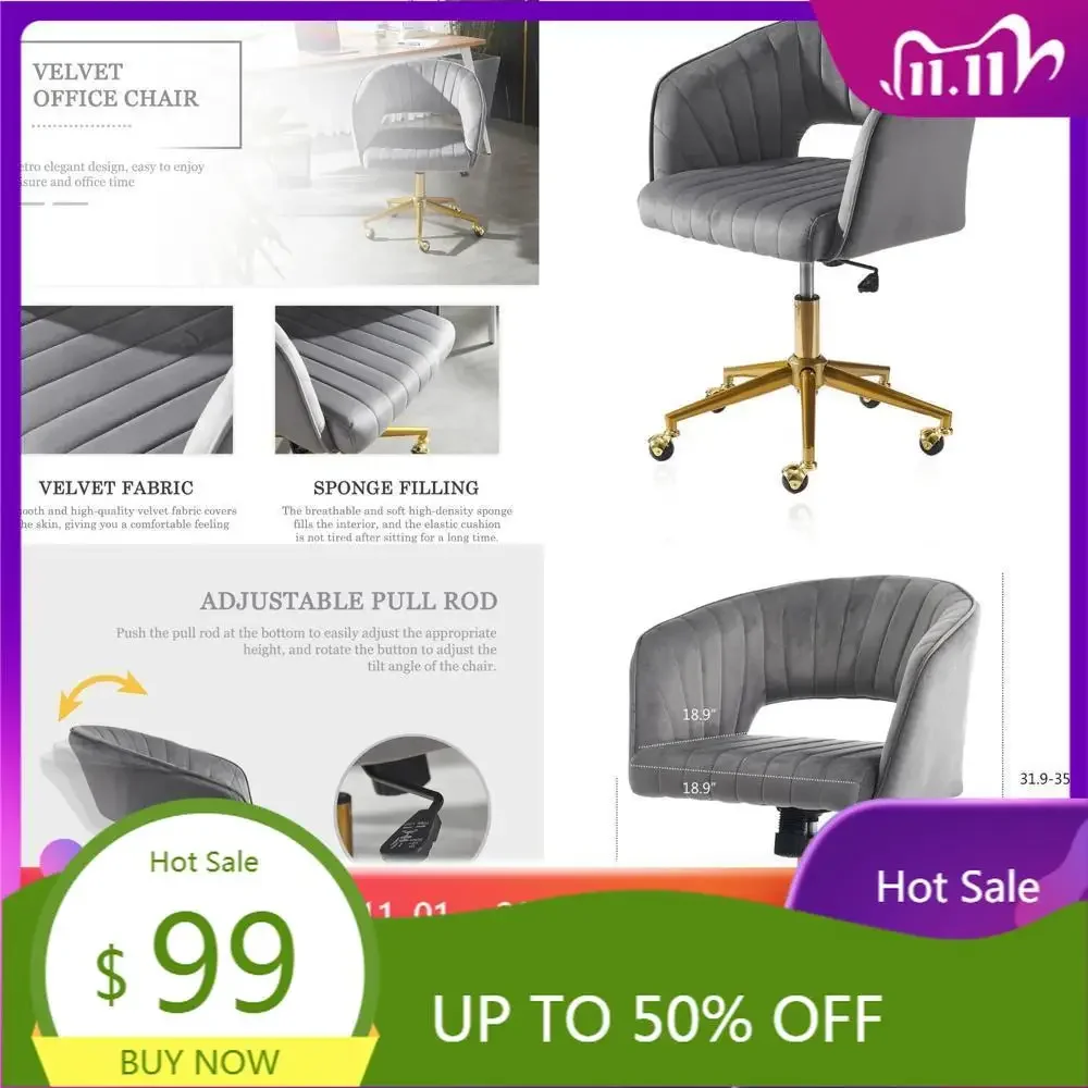 "wheeled grey velvet vanity chair with back support, suitable for home office, living and bedroom settings"