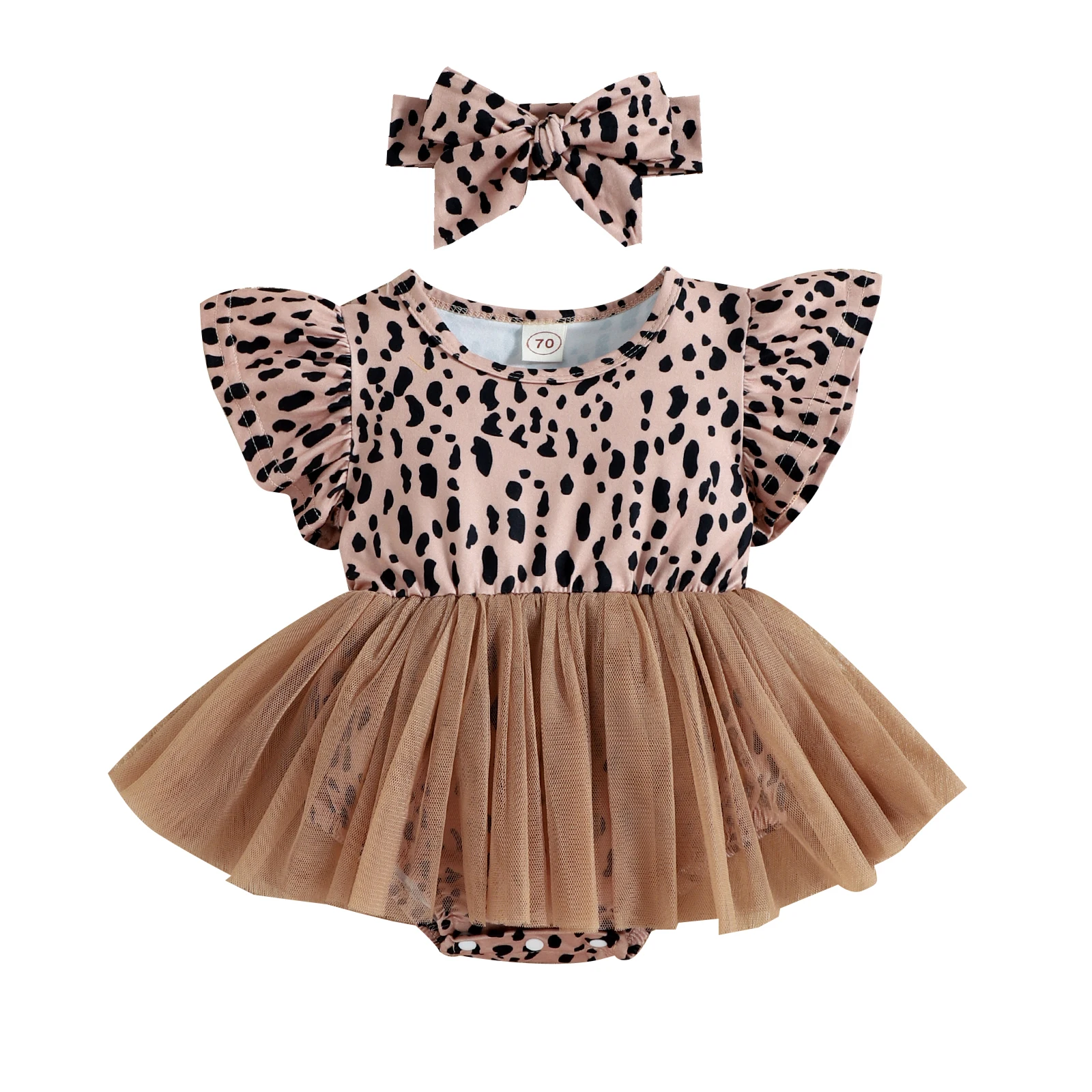 2pcs Infant Baby Girl Summer Outfit, Leopard Print Tulle Flyingsleeve