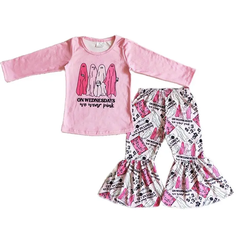 

Halloween New Girl's Clothes Ghost Print Long-sleeved Top Flared Pants 2-piece Set Pink Autumn Suit Infant Children's Clothing
