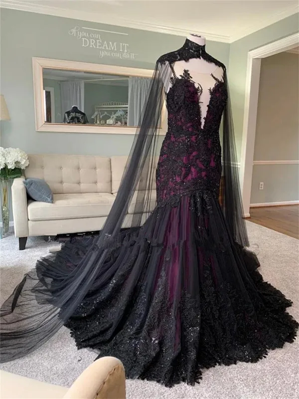 Vestidos de novia góticos Vintage negros y morados con capa ilusión trasera, Apliques de encaje de cola de pez, vestido de novia de sirena