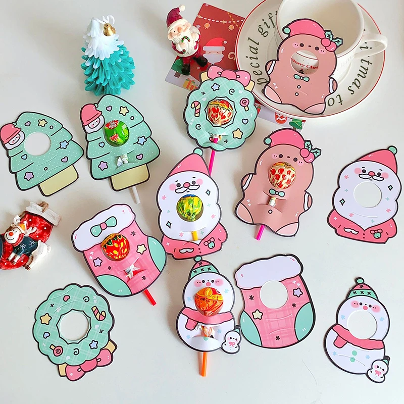 

5sheet Christmas Lollipop Paper Cards Cartoon Santa Claus Snowman Kids Candy Gifts Package Wrapping New Year Party Decoration