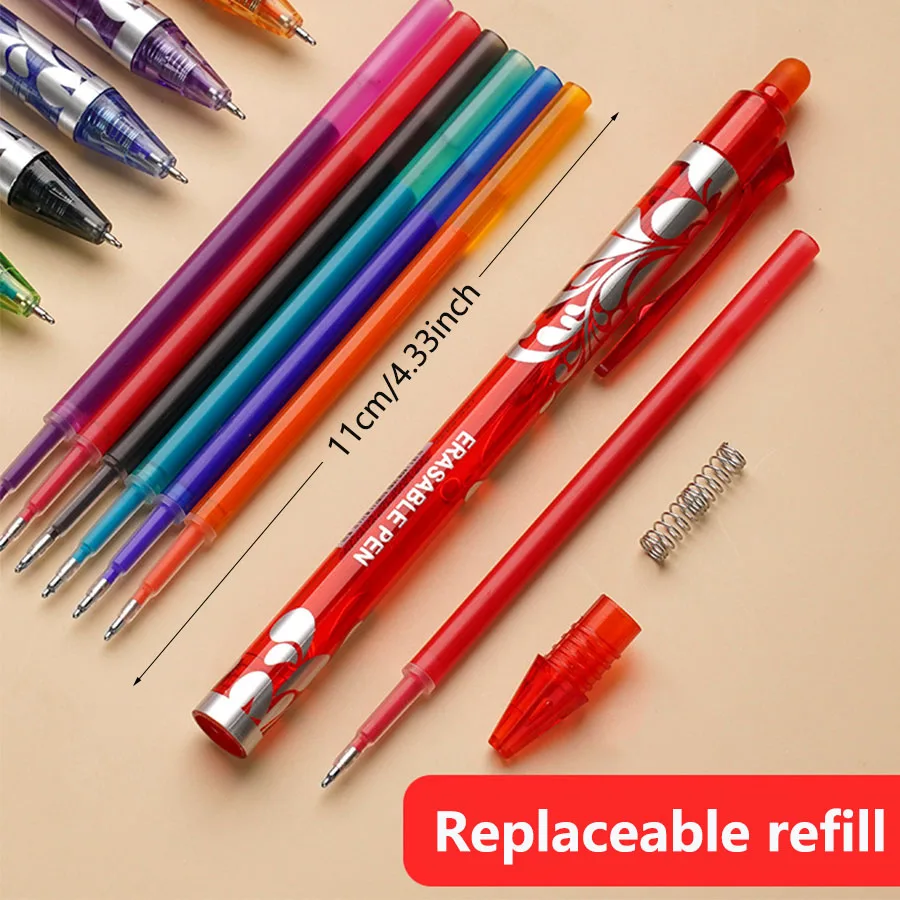 6pcs/mix Retractable Pen 0.5mm Magic Erasable Pen &Eraser Color Ink Replaceable Refill-Large Capacity Washable Handle Stationery