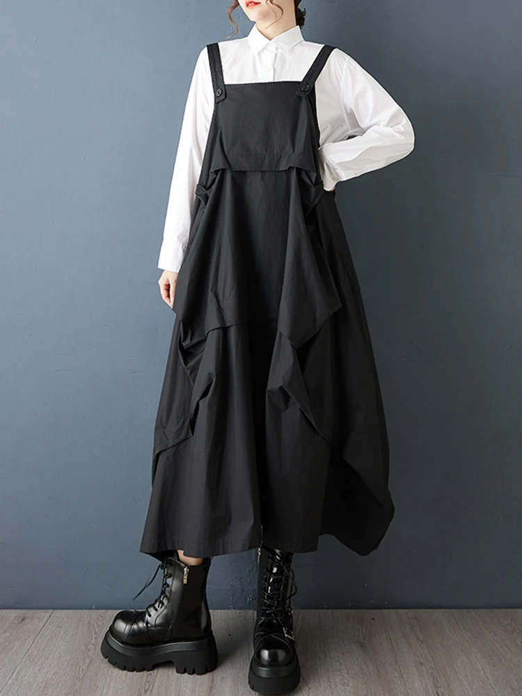2025 Spring Autumn New Black Vintage Straps Dresses For Women Sleeveless Pleated Loose Casual Dress Robe Elegant Fashion Clothes