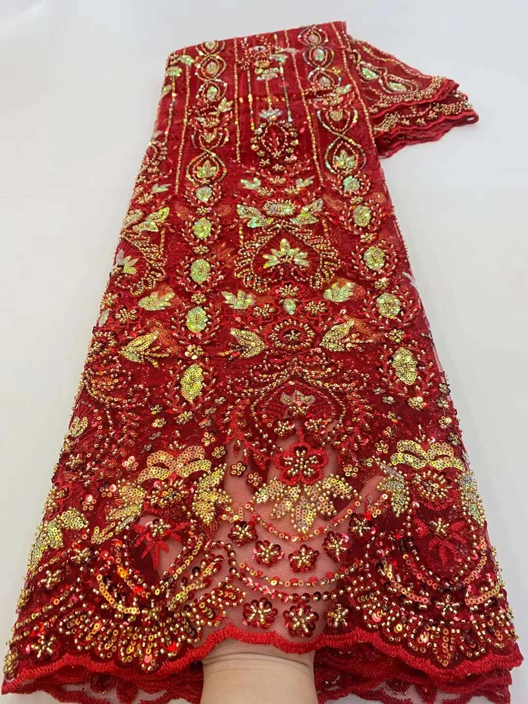 Purple Latest Nigerian Lace Fabrics Fashion Women African Tull Lace Luxury Handmade Bead sequins Fabrics For Wedding 5Yards