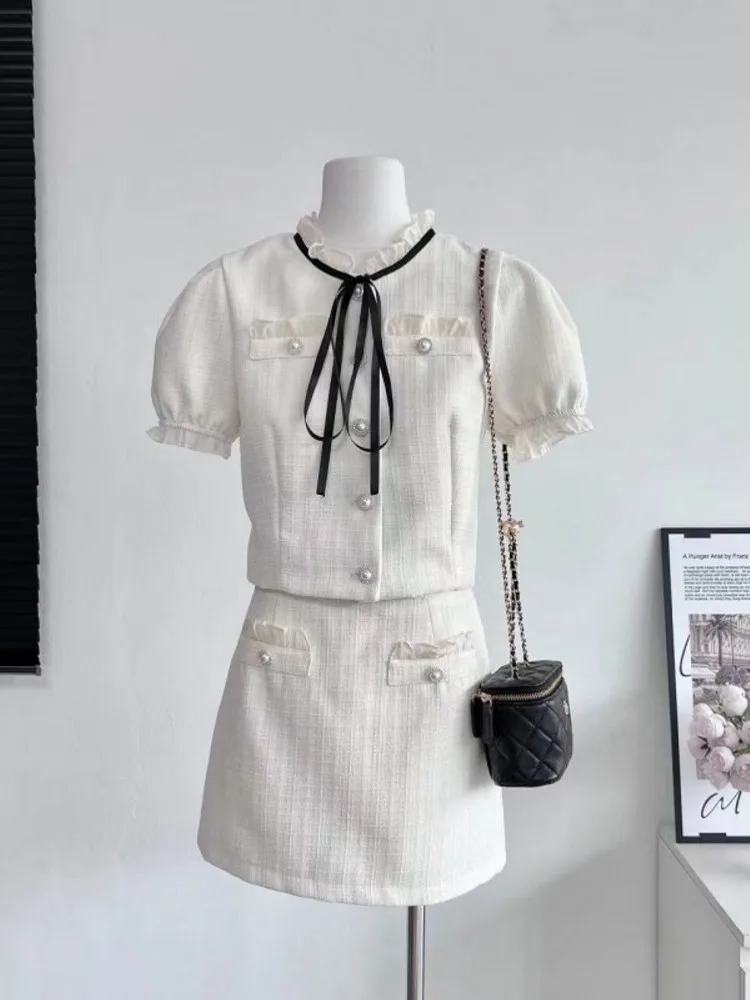 

Runway Korean Elegant Small Fragrant Woolen Lace Patchwork Puff Sleeve Top Coat + Mini Skirts Two Pieces Set Suit For Women