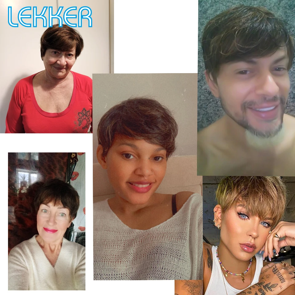 Lekker Short Straight Pixie Bob Human Hair Wig With Bangs For Women Colored Brazilian Remy Natural Hair Ombre Brown Burg Red Wig human hair wigs