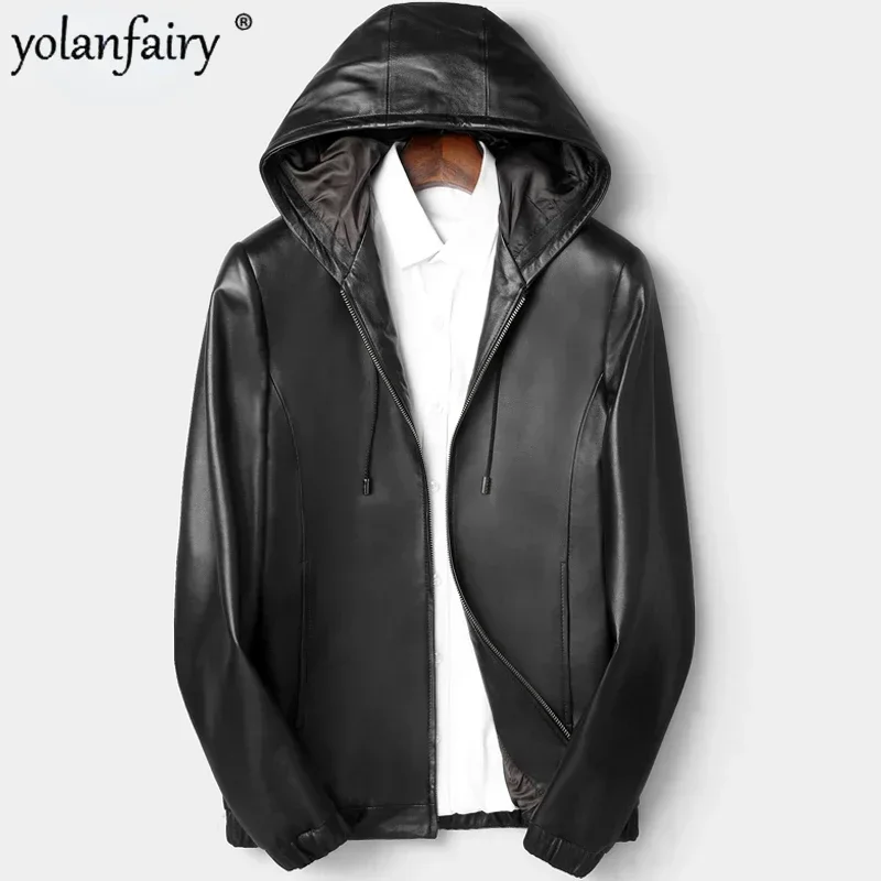 

Fall Genuine Leather Coat Men's Motorcycle Sheepskin Jacket Men Slim Korean Short Hooded Coats and Jackets Male Clothes FCY5261