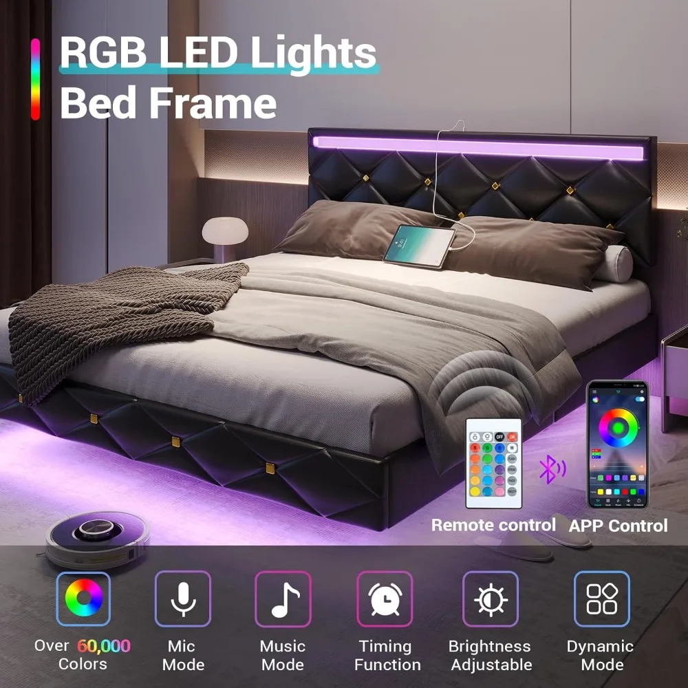Description Picture 5 of itemLarge Floating Bed Frame with Headboard, Soft Cushioned Platform Bed, with LED Lights, Imitation Leather Low Bed Frame, Black