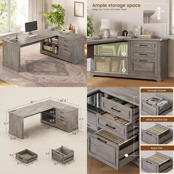 L-Shaped Executive Office Desk with File Storage & Power Outlets 1