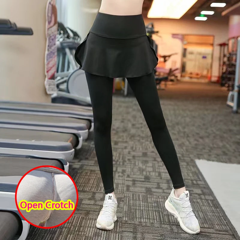 4XL Open Crotch Fake Two Piece Panties with Front Back Pockets Outdoor Fitness Pants Cropped Trousers Sporty Crotchless Clubwear
