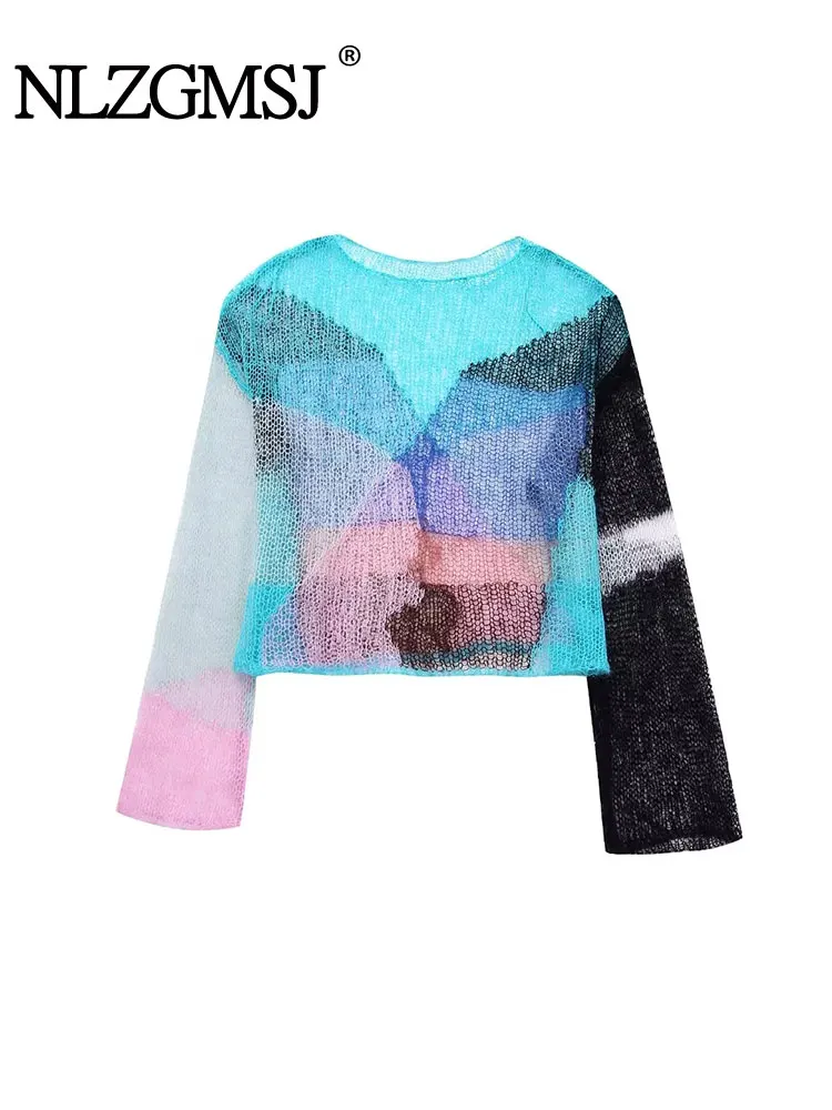 

Nlzgmsj TRAF 2023 New Women Fashion round neck Knitted Sweater Contrast Paneled Pullover Streets Sweet Slim Sweater
