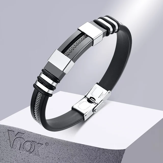Vnox - Bracelet en acier inoxydable, bracelet pour homme, bracelet punk à maillons en silicone rainuré noir, bracelet punk élégant et décontracté 1
