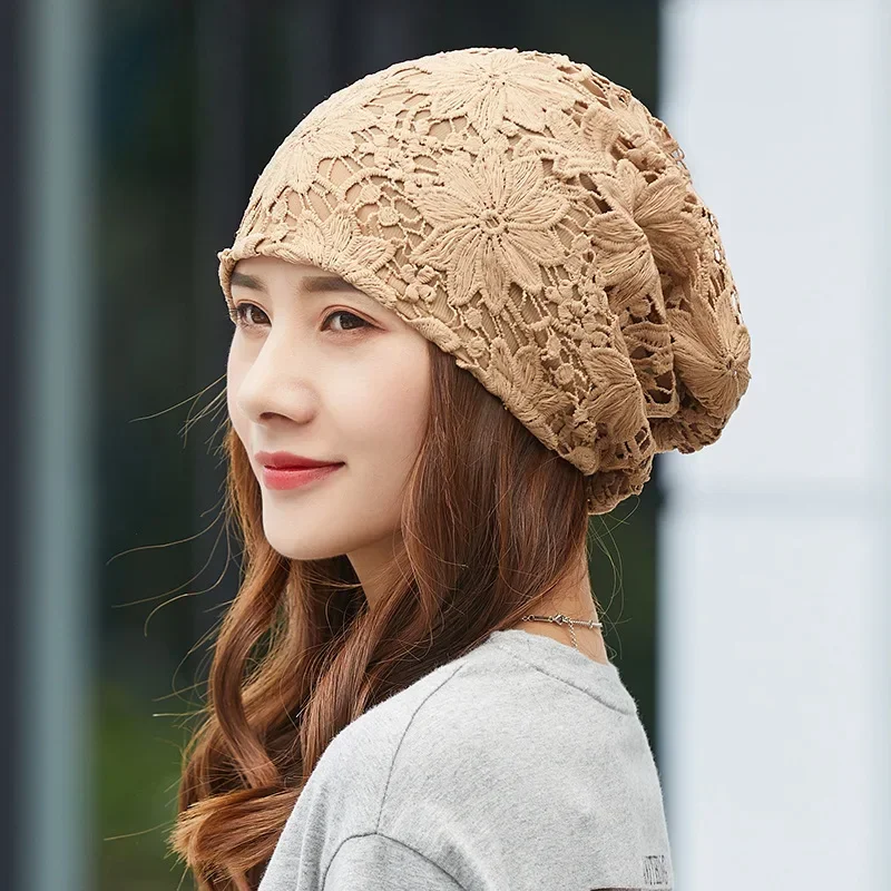 New Bonnet for Women Hollow Big Flower Skullies Hat Summer Breathable Sun Hats Street Fashion Women Beanies Cap 4