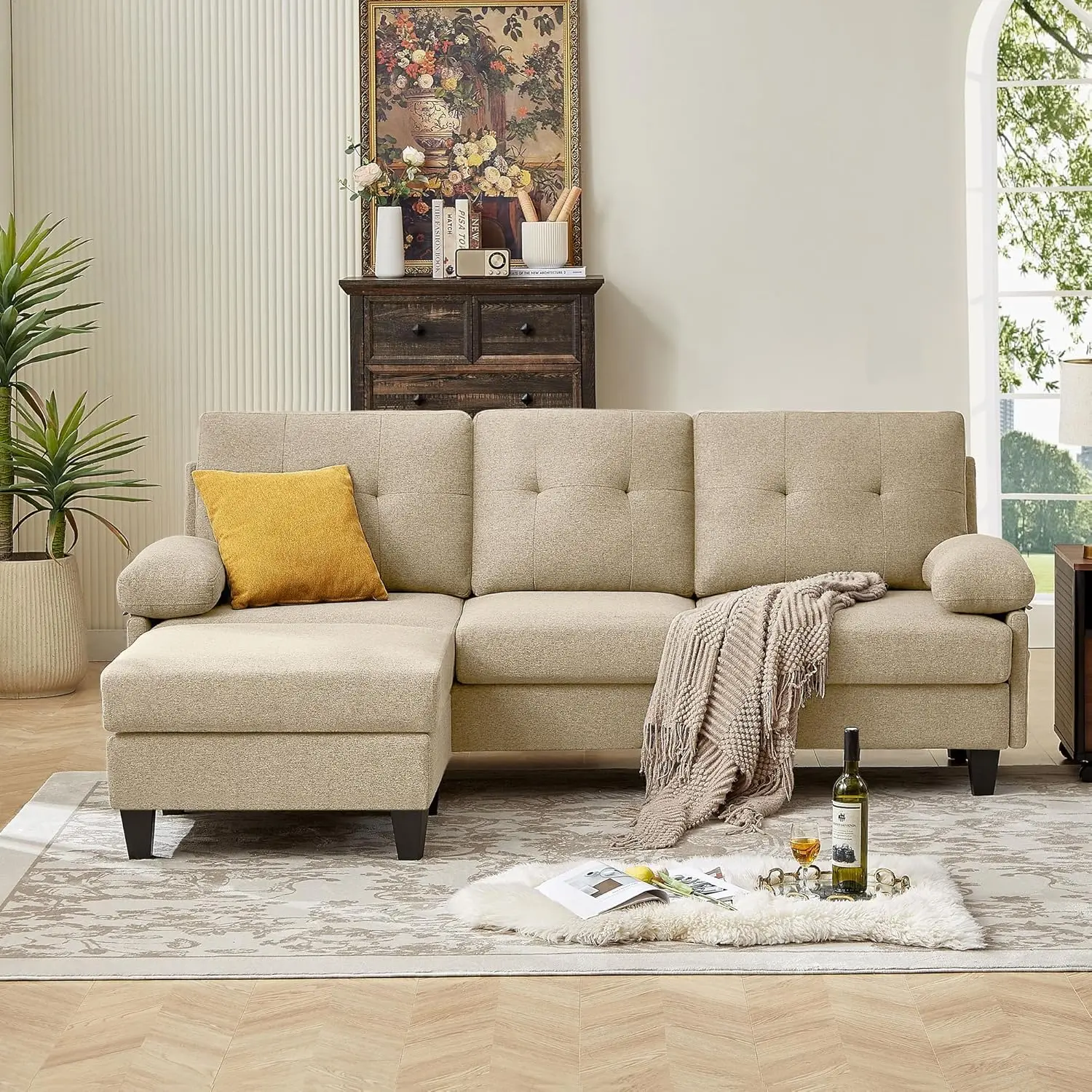 

Convertible Sectional Sofa, 3 Seat L Shaped Sectional Couch with Ottoman, Deep Seat Cushions, Modern Linen Couches