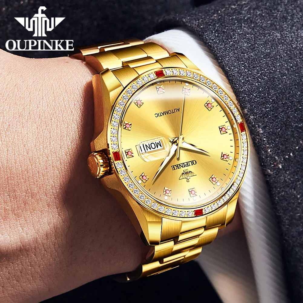 OUPINKE 3261 Luxury Original Man Wrist Watches Diamond Dial Automatic Mechanical Watch For Men Dual Calendar Business Hand Clock
