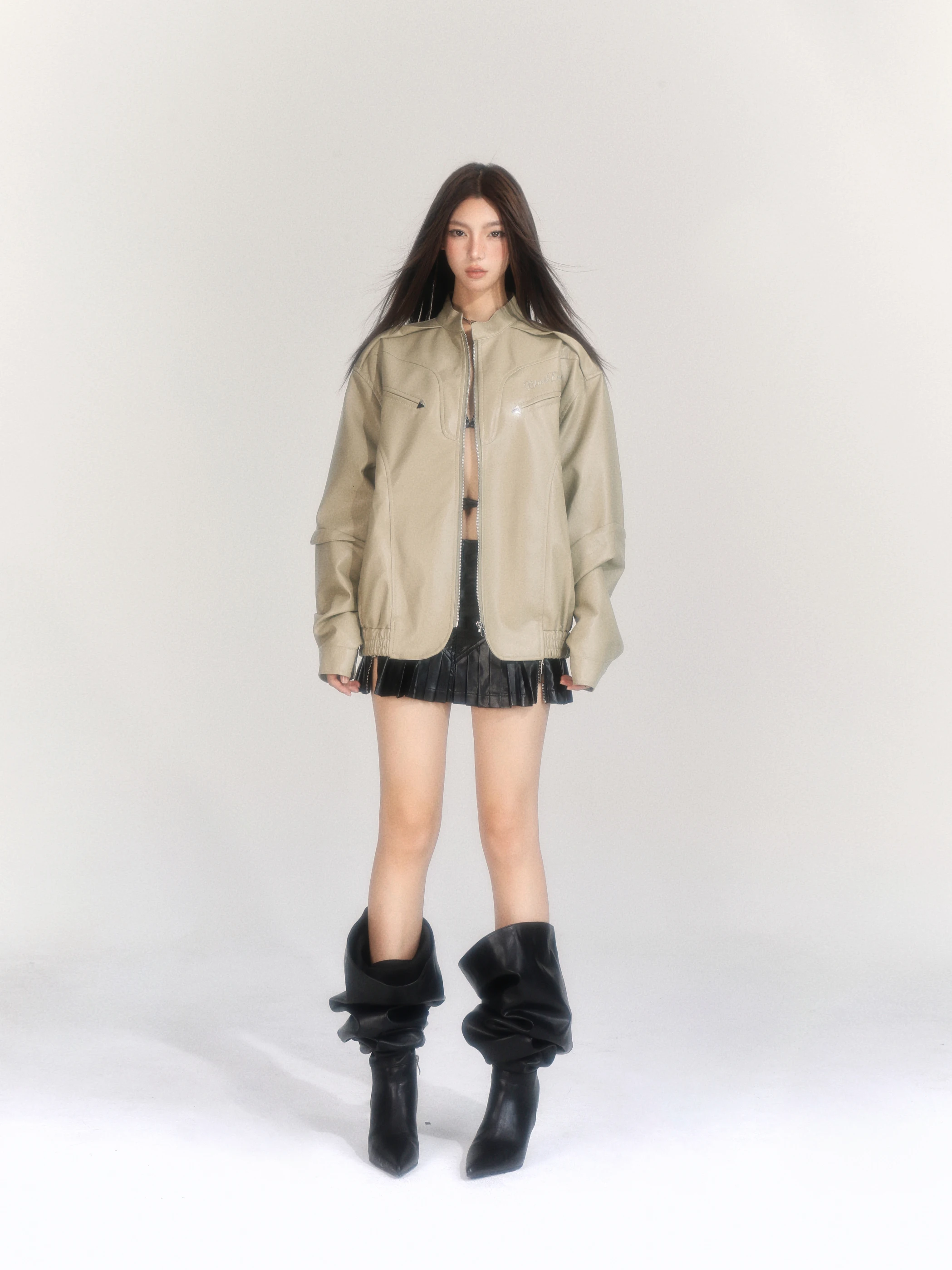 Leather Coat Women's Spring and Autumn American Retro Jacket Stand Collar Top Short Khaki Slim Fit Fashion All-Match Casual 1Pc