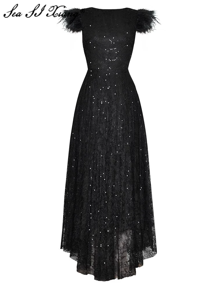 

Seasixiang Fashion Designer Summer Sequins Lace Long Dress Women's O-Neck Feathers Flying Sleeve Elegant Party Black Dresses