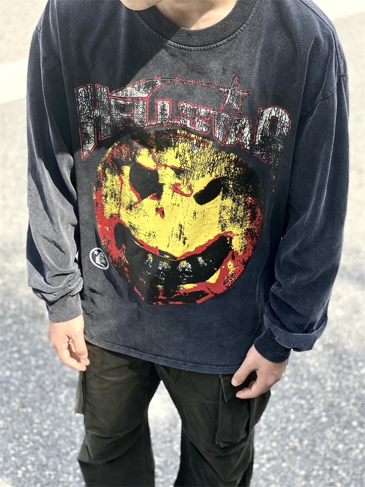 

2023 HELLSTAR American Vintage Pullover Round Neck Underlay Men's High Street Hip Hop Fashion Brand Wash Long Sleeve T-shirt