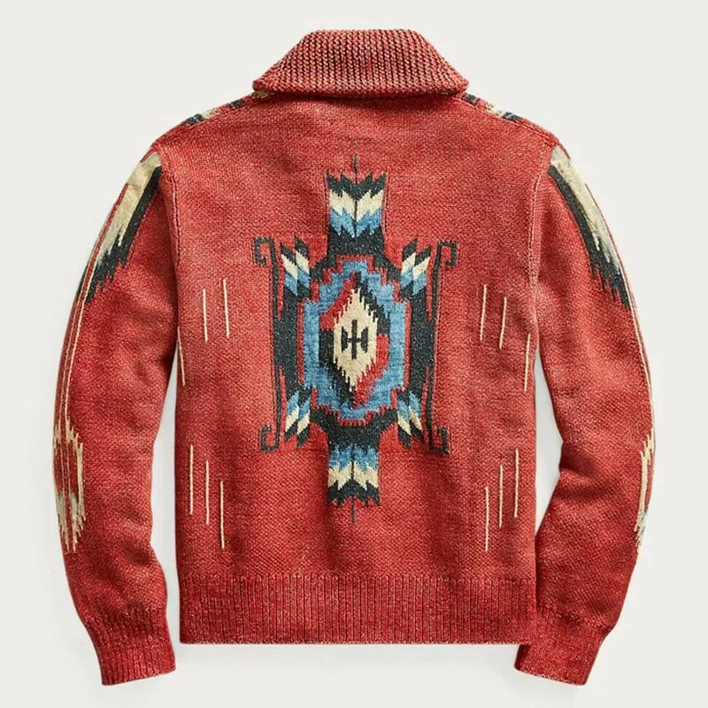 2024 Men's Leisure Autumn Winter New Men's Wear European and American Vintage Jacquard Sleeve Lapel Knitwear Sweater