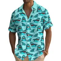 Summer Fashion Cartoon Ocean Overlord Shark Print Men's Short Sleeve Casual Print Top Seaside Vacation Travel Wear Oversized Top 1