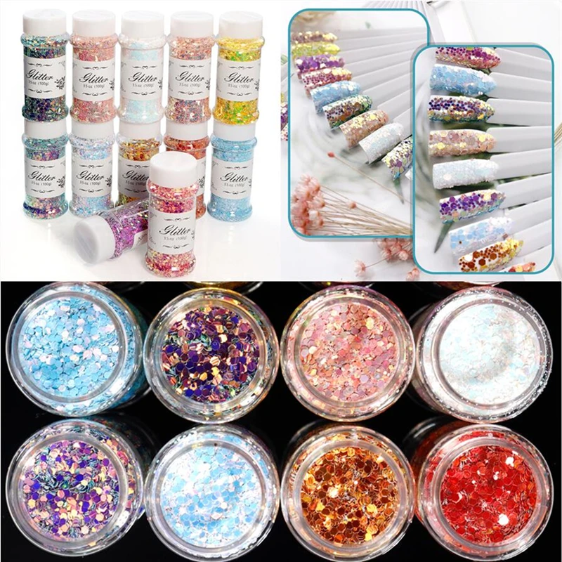 

100ML/1 Bottle Mix Size Hexagon Nail Art Glitter Sequins DIY Sparkly Paillette Tips Charm Laser Flakes Gel Nail Decorations 2022