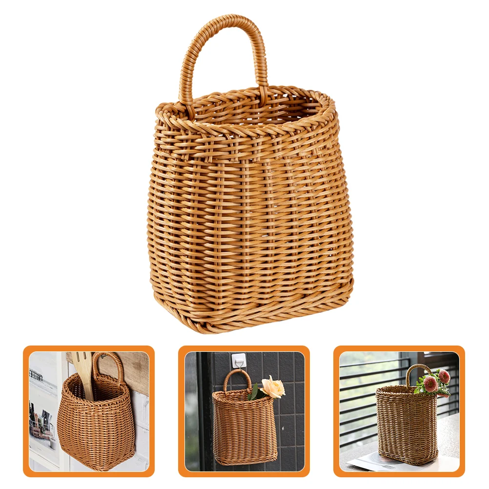 

Hanging Storage Basket Imitation Rattan Woven Basket Plastic Pantry Wicker Basket Wall Hanging Flower Basket Ginger Garlic